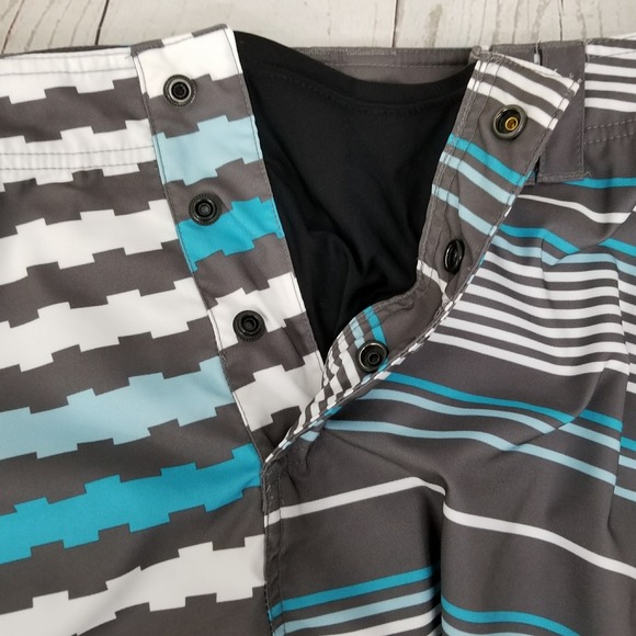 Three by Keith Lidberg Boardshorts Blue Gray Striped Graphic Hybrid Swim Trunks - Picture 7 of 11
